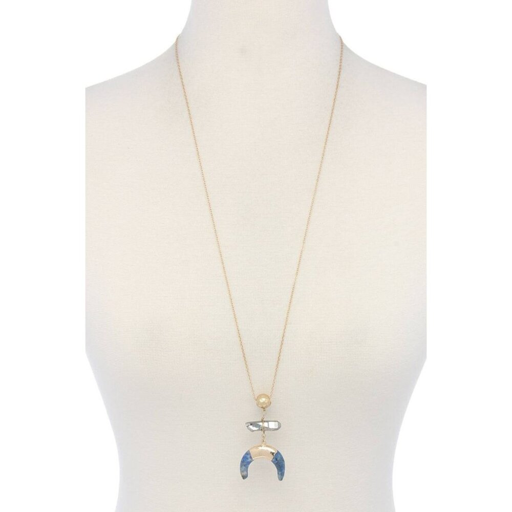 Double horn natural stone pendant necklace